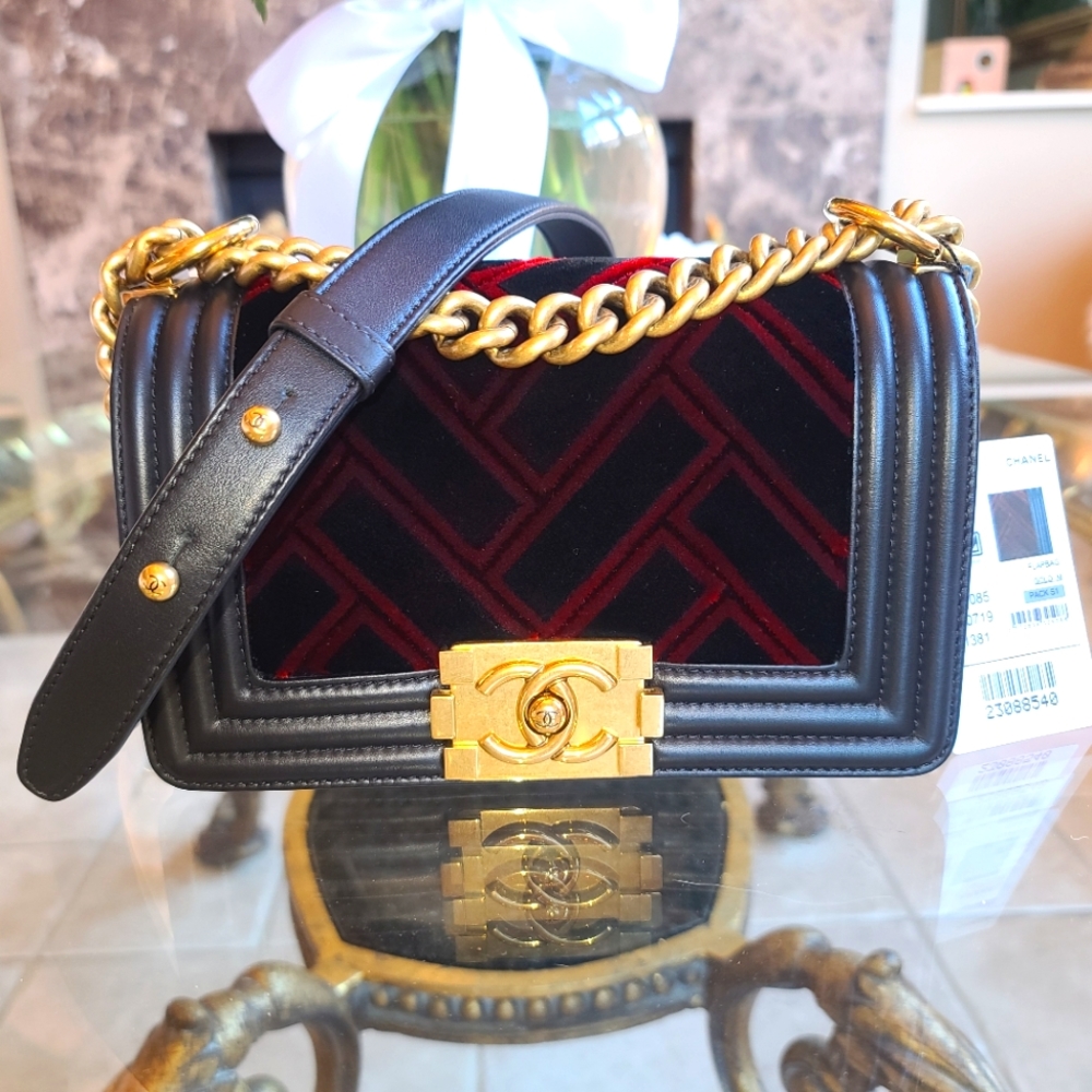 *SOLD* CHANEL BOY 💗 Calfskin Velvet Small Boy Flap Black Red and Gold!